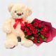 oso de peluche  de 50 cm con un ramo de flores con 24 rosas