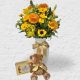 florero de flores amarillas 21 de septiembre con chocolates y oso de peluche, envía los mejores arreglos florales  a domicilio en Bogotá  